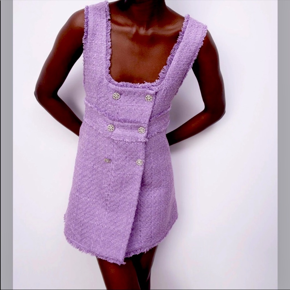 Zara Purple Tweed Mini Overall Dress NWT